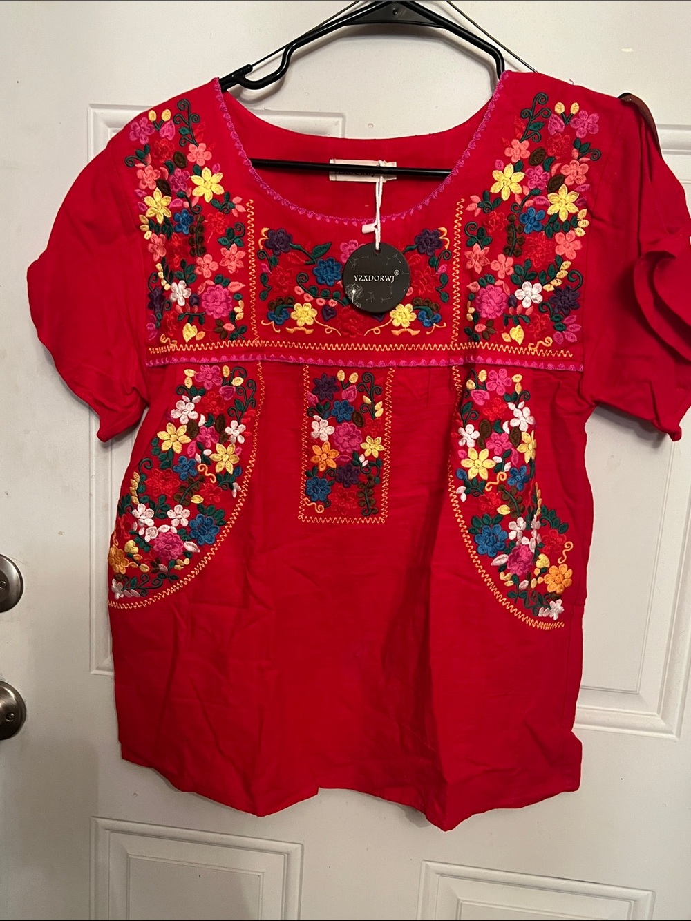 Embroidered Red Floral Square-Neck Blouse